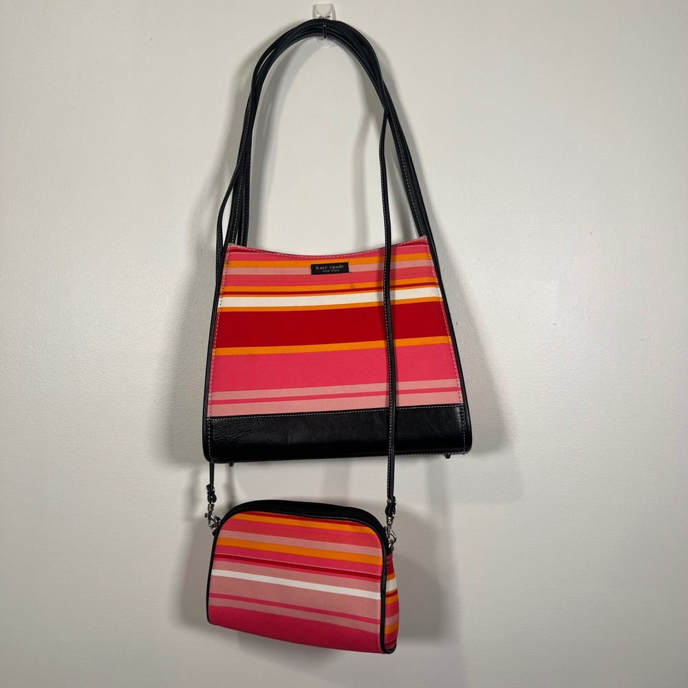 Kate Spade Striped Canvas Shoulder Bag and Crossbody Set Pink Orange Red